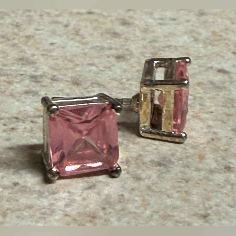 Pink Topaz Princess Cut Stud Earrings 5mm | Silver Square Minimalist Jewelry - Picture 3 of 4